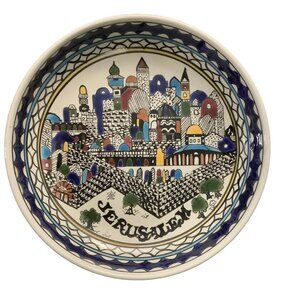 Vtg Rosen Jerusalem Ceramic Painted Decorative Salad Bowl 11” Cityscape Israel